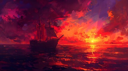 Obraz premium A ship sails on a fiery sea under a stormy, crimson sky. The dramatic colors and turbulent waves create a striking, almost surreal scene.