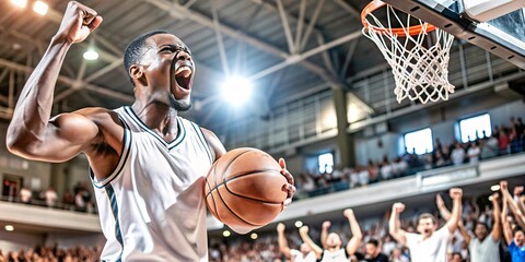 Basketball Player Celebrates Triumph. A basketball player exudes pure joy and excitement as he celebrates a hard-fought victory. 