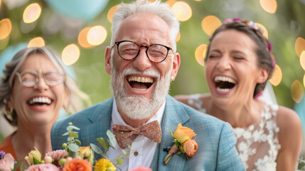 Captivating photo capturing a joyful moment at an LGBTQ wedding, featuring a loving couple and their supportive family at a picturesque venue.