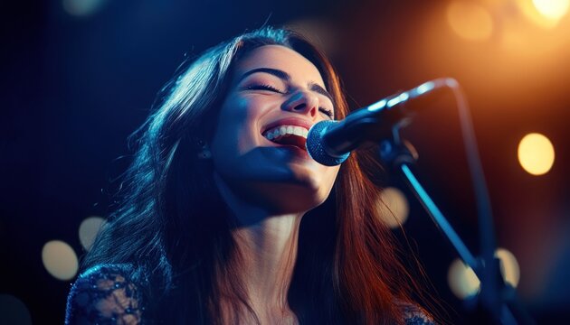 Backlit female singer in spotlight during live show