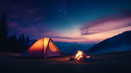 camping site featuring a tent and campfire surrounded by a clear twilight sky filled with stars. 