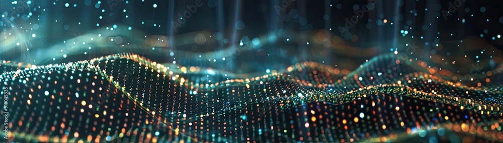 Poster Abstract digital landscape with glowing particles creates a mesmerizing visual effect, perfect for tech and innovation themes.