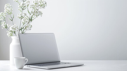Fototapeta premium Explore a clean, modern workspace featuring a sleek laptop on a white desk, perfect for design inspiration or showcasing simplicity in productivity. Ideal for creative projects.
