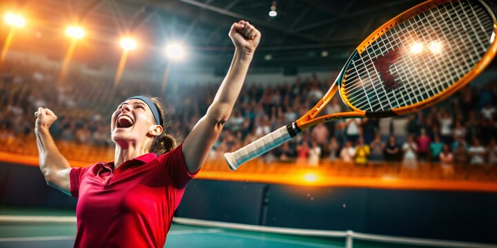 Victorious Female Tennis Player Celebrating on Court. A dynamic image of a female tennis player celebrating her victory in a packed stadium.