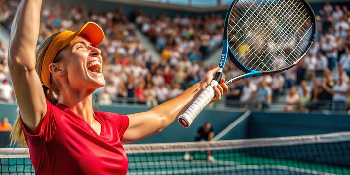 Victorious Female Tennis Player Celebrating on Court. A dynamic image of a female tennis player celebrating her victory in a packed stadium. - Powered by Adobe