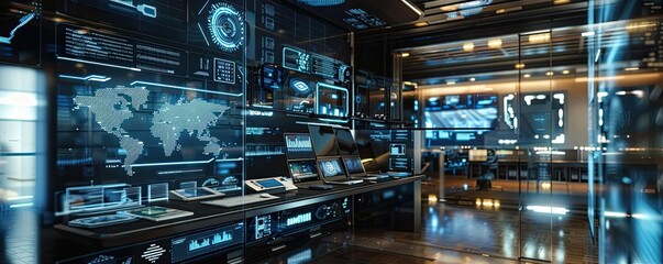 Fototapeta premium Futuristic control room with digital screens, data interfaces, and advanced technology creating a high-tech environment.