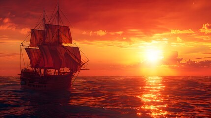 Fototapeta premium A ship sails on a fiery sea under a stormy, crimson sky. The dramatic colors and turbulent waves create a striking, almost surreal scene.