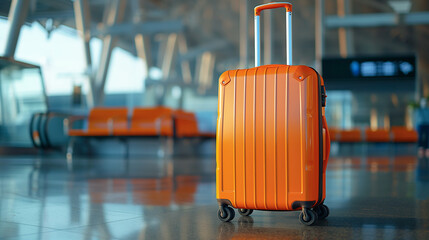 Orange travel suitcase on a blurred airport background, standing out in a modern terminal with warm lighting, conveying the excitement of upcoming journeys