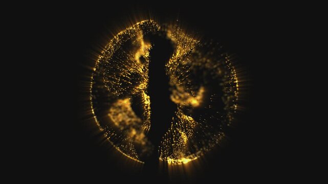 distortion waves on abstract golden sphere of particles. Digital data splash of spherical point array. Futuristic glitch UI element
