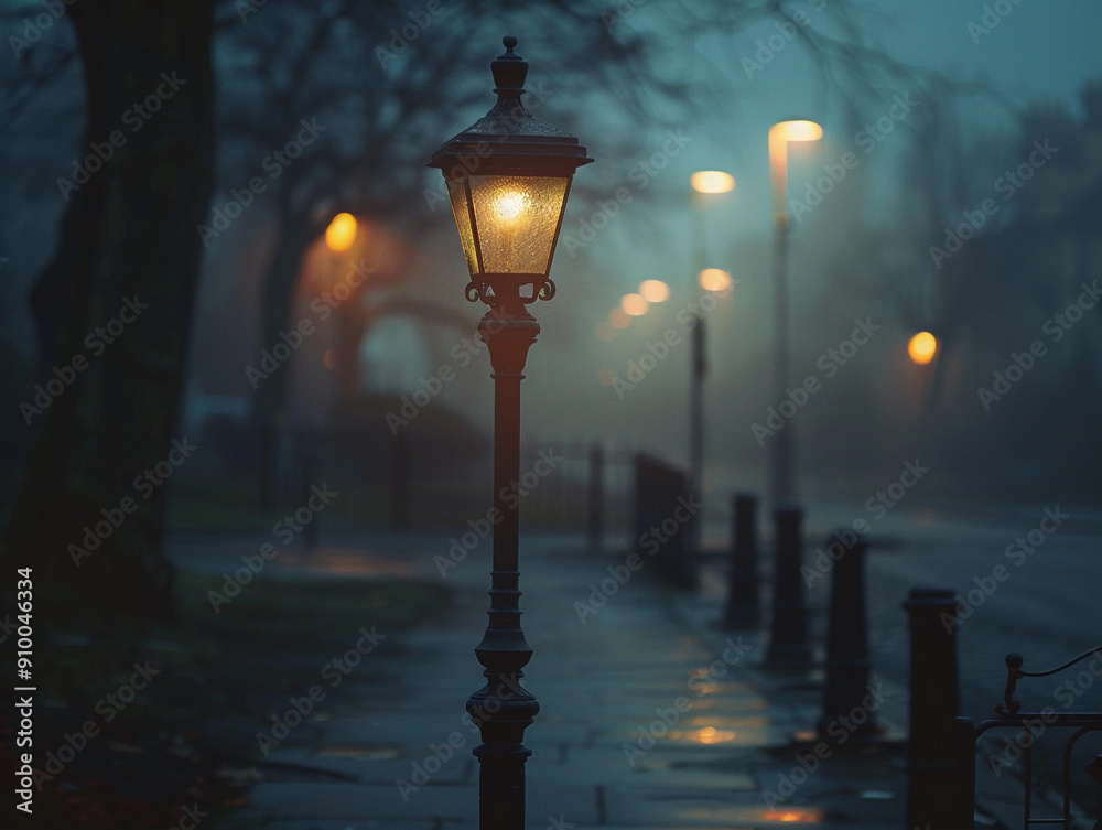 Poster Dusk Illumination From Lanterns Along a Foggy Urban Pathway With Reflective Wet Pavement