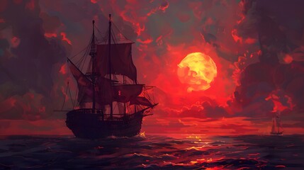 Obraz premium A ship sails on a fiery sea under a stormy, crimson sky. The dramatic colors and turbulent waves create a striking, almost surreal scene.