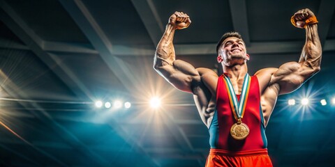 Obraz premium Champion Wrestler with Gold Medal in Stadium. A victorious wrestler stands strong in a stadium, holding up his arms in triumph while wearing gold medals around his neck.