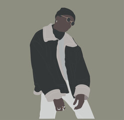 A man, who is wearing stylish sunglasses and a fashionable black jacket, is confidently standing on a plain brown background behind him