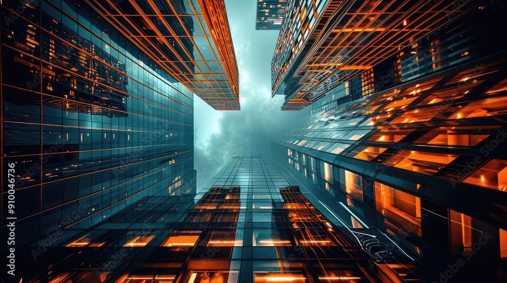 Poster a stunning view of towering skyscrapers with glowing lights, creating a dramatic urban landscape aga