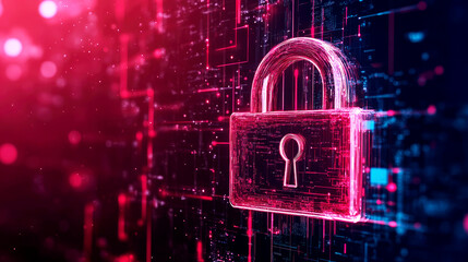 A glowing red padlock icon stands out against a vibrant digital grid background, emphasizing cyber security and secure digital connections in a modern context.