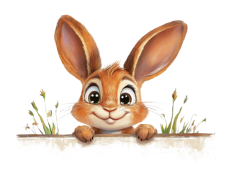 A cute cartoon rabbit with big ears peeking over a wall with grass growing, showcasing its curious and playful nature in a whimsical style.