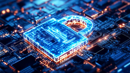 A digital security lock icon glowing in blue on a detailed electronic circuit board background, representing cybersecurity and technological protection.