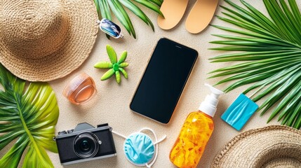 Things you should pack for a flight during the coronavirus pandemic. Phone, passport, face mask, flip flops, sunglasses, hula doll, sun hat, and hand sanitizer bottle all laid out flat. vacation in th