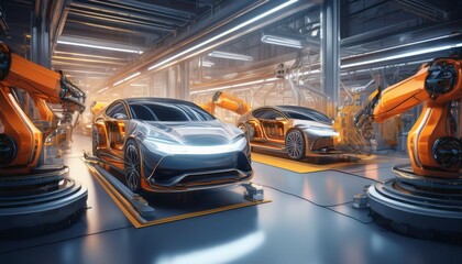 Obraz premium car in motion,,Techno Chic: Automated Systems Revolutionizing Electric Car Factories