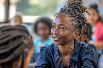 A teacher with styled hair smiles warmly while interacting with students in a classroom, fostering a positive and engaging learning environment.