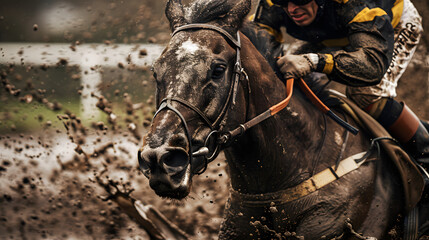 Close-up of a horse and jockey racing through mud, capturing the intensity, determination, and dynamic motion of the race. Perfect for themes related to sports, competition, and equestrian events.