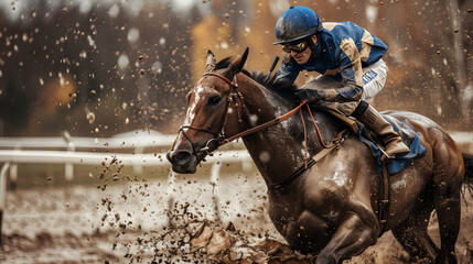 Fototapeta premium Close-up of a jockey in blue and white racing gear riding a horse through muddy conditions, capturing the intensity, speed, and dynamic action of the race. Ideal for themes of competition and equestri