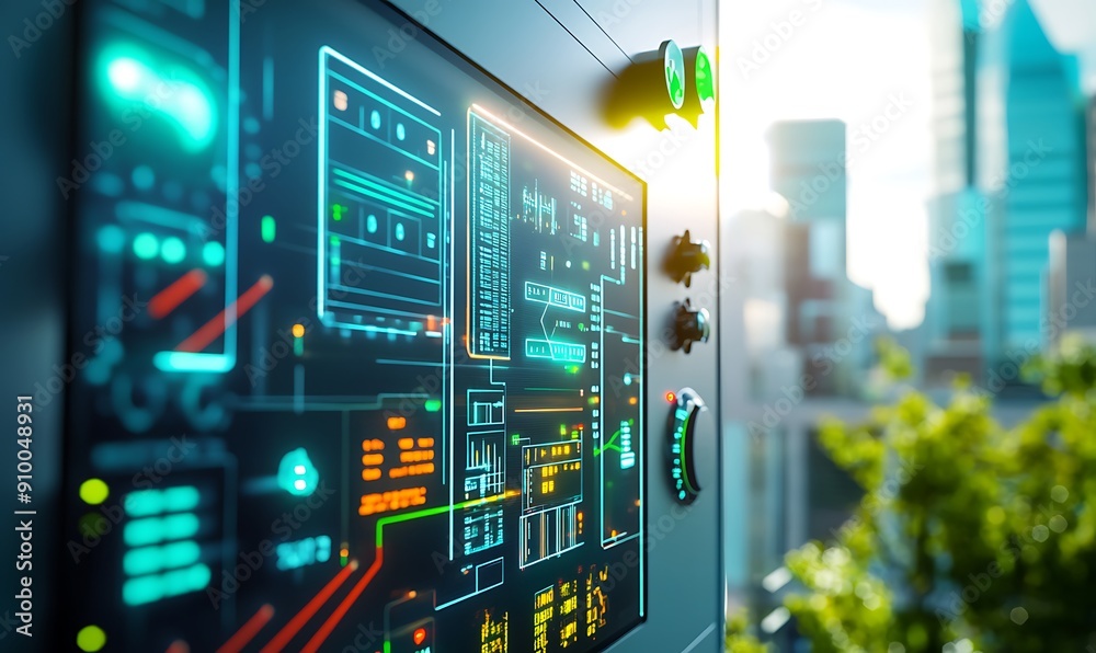 Poster photo of clean energy systems highlighting a smart grid control panel