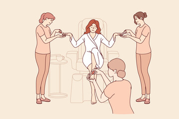 Woman visitor to SPA salon gets manicure and pedicure at same time to prepare for party or date. Luxury SPA treatments for relaxed girl who wants to be beautiful and attract attention of guys