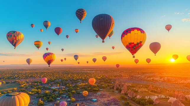 high-resolution hot air balloon photo , stunning aerial photo of balloon fiesta , Albuquerque International Balloon Fiesta , colorful hot air balloons