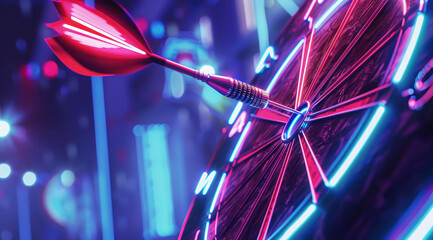 Jeu de fléchettes avec une flèche atteignant le centre de la cible, lumières néon de couleurs bleue et rouge.