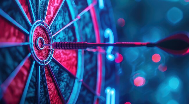 Jeu de fl&eacute;chettes avec une fl&egrave;che atteignant le centre de la cible, lumi&egrave;res n&eacute;on de couleurs bleue et rouge.