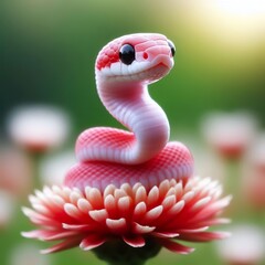 Fototapeta premium Close-up of a small light red snake with a white belly and pink nose, standing on a beautiful flower