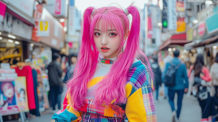 原宿スタイルのカラフルな若い女性