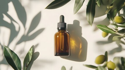 Amber glass dropper bottle, essential oil, olive leaves and fruits, minimalist product photography, clean white background, sharp focus on bottle, blurred organic elements.