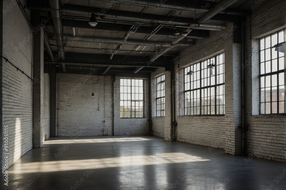 Sticker spacious empty industrial warehouse interior