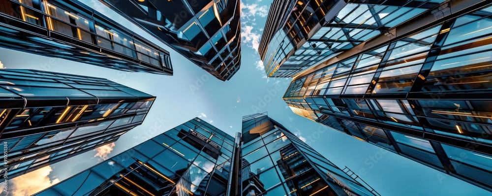 Poster a stunning view of modern skyscrapers reaching towards the sky, reflecting clouds and light in a vib