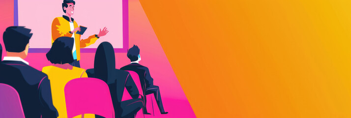 A speaker presents to an engaged audience in a brightly colored conference room