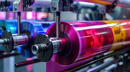Fototapeta premium Close-up of vibrant printing press rollers in action, displaying colorful inks and precision machinery in a modern print shop. The image captures the dynamic and detailed process of industrial printin
