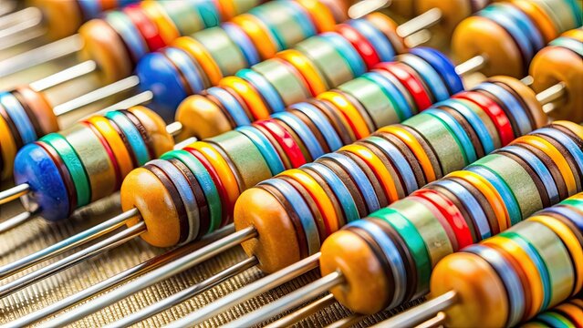 Close-up of carbon resistors with color bands used in electronics industry, resistors, carbon