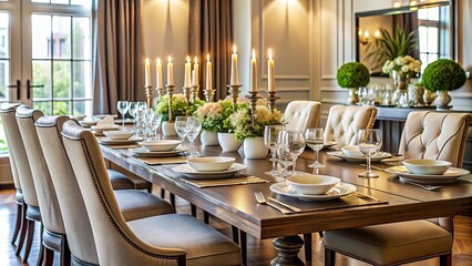 A dining table set for a formal dinner party, dining, table, dinner, party, formal, setting, elegant, fine dining