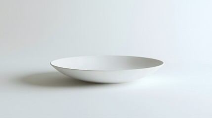 Minimalist white ceramic plate, round shape, shallow design, smooth matte finish, clean lines, subtle rim, pure white porcelain, soft shadows, studio lighting, white background.