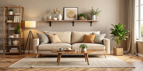 Comfortable beige sofa in a cozy living room setting, beige, sofa, furniture, cozy, living room, interior, home, decor