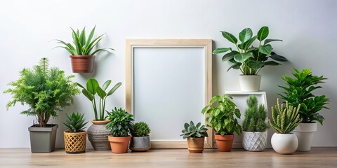 Mock frame with various indoor plants on a white background, mock frame, plants, indoor, decorative, greenery