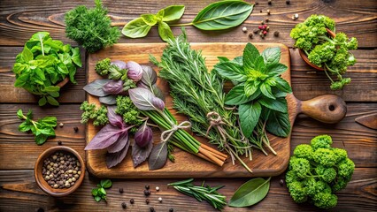 An assortment of fresh culinary herbs displayed on a wooden cutting board, herbs, basil, cilantro, rosemary, thyme, mint
