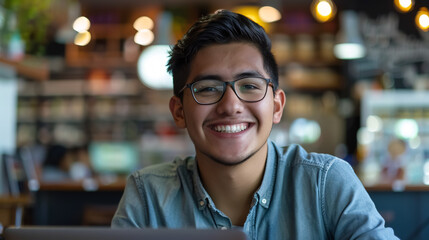 Obraz premium Young Hispanic man working at a small business e-commerce with a laptop, smiling with a happy and cool smile, showing his teeth.