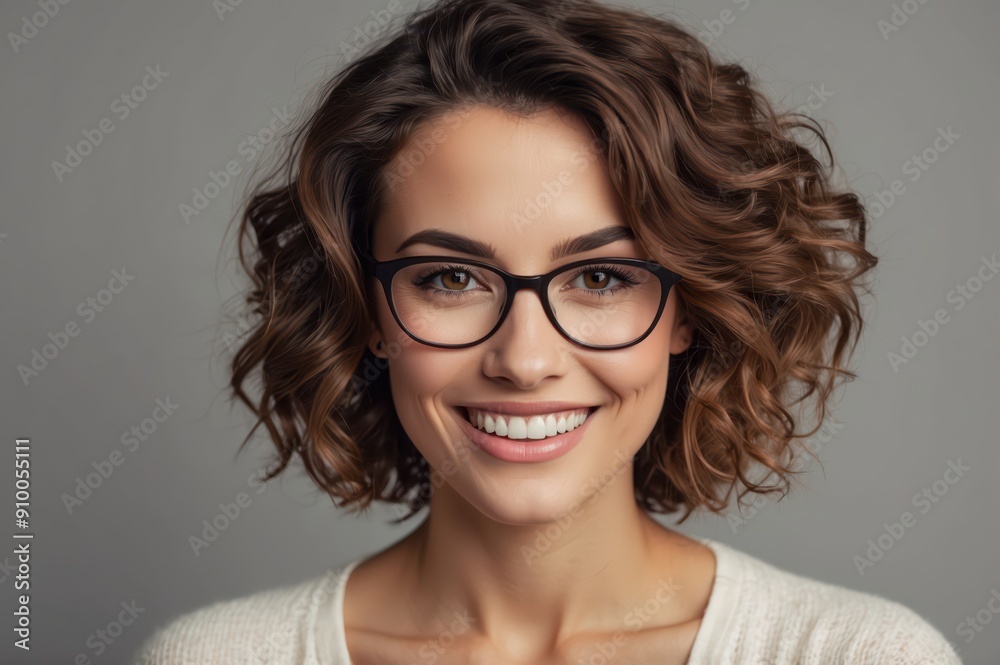 Canvas Prints professional studio portrait of a smiling woman with short curly hair and glasses
