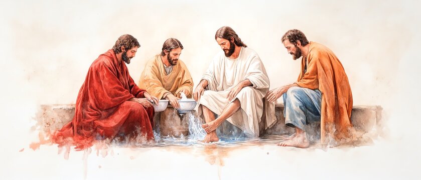A symbolic scene depicting humility and service, featuring a diverse group engaged in a meaningful ritual of foot washing.