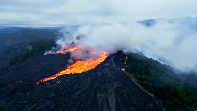 Lava flows from the volcano&rsquo;s summit, engulfing the terrain with bright orange molten rock amidst a backdrop of clouds