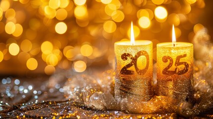 Golden 2025 candles with bokeh lights, New Year celebration, festive scene, glittering background, holiday card concept