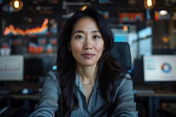 A professional woman is seen in a modern, tech-focused office setting with data graphics and charts on computer screens surrounding her, indicating a data analytics environment.